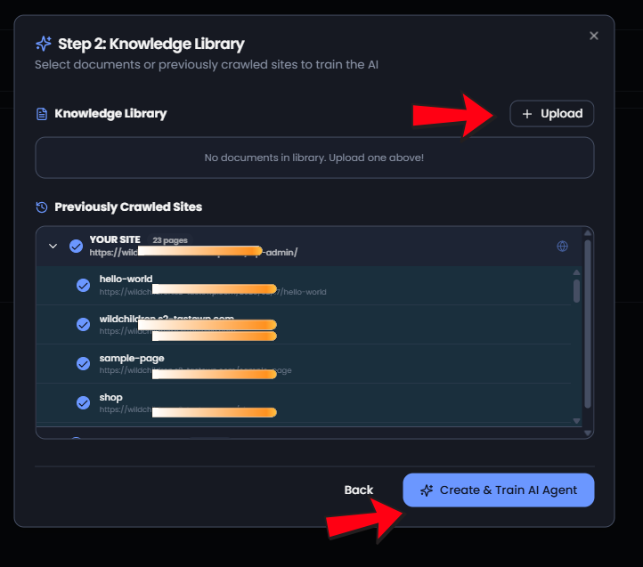 Knowledge Library step with Upload and Create & Train highlighted