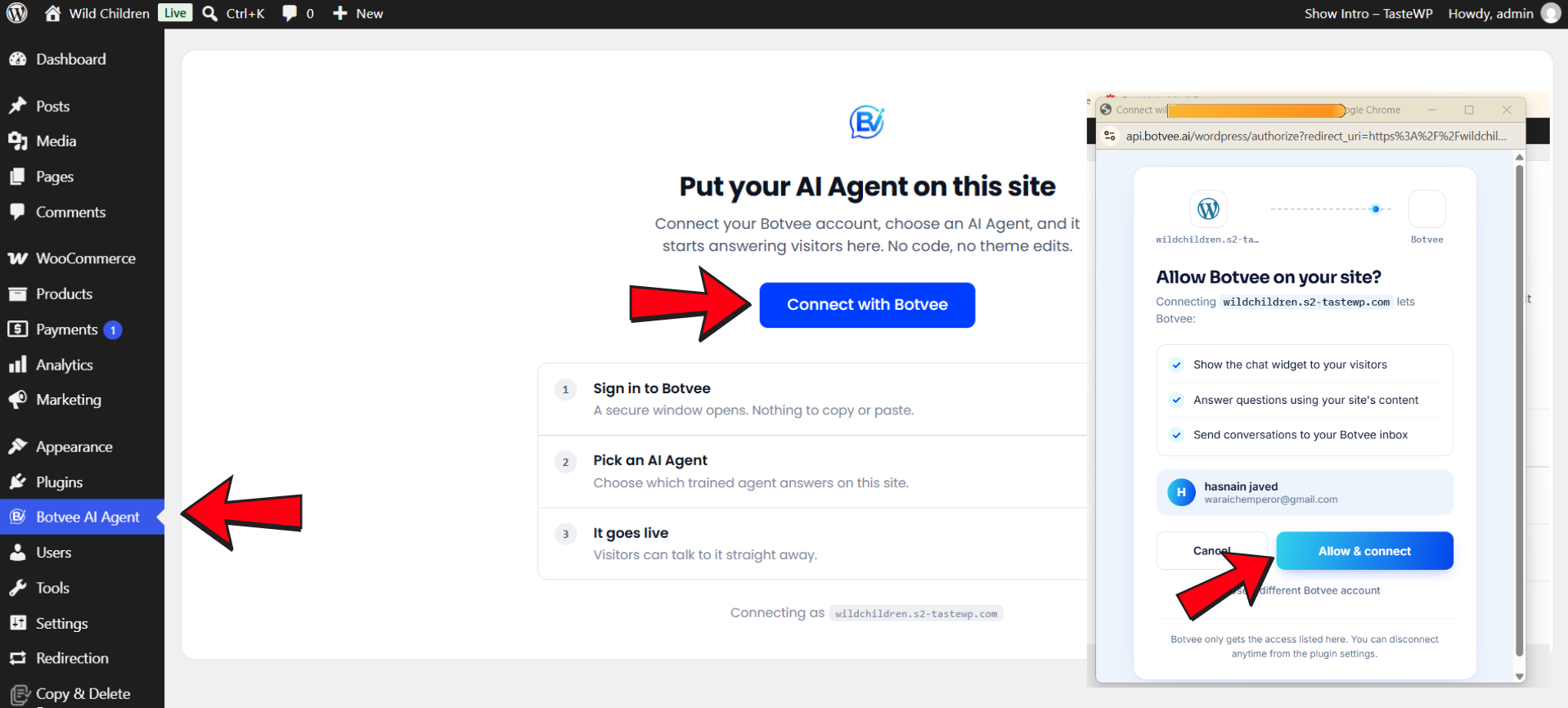 Connecting and authorizing the Botvee plugin in WordPress