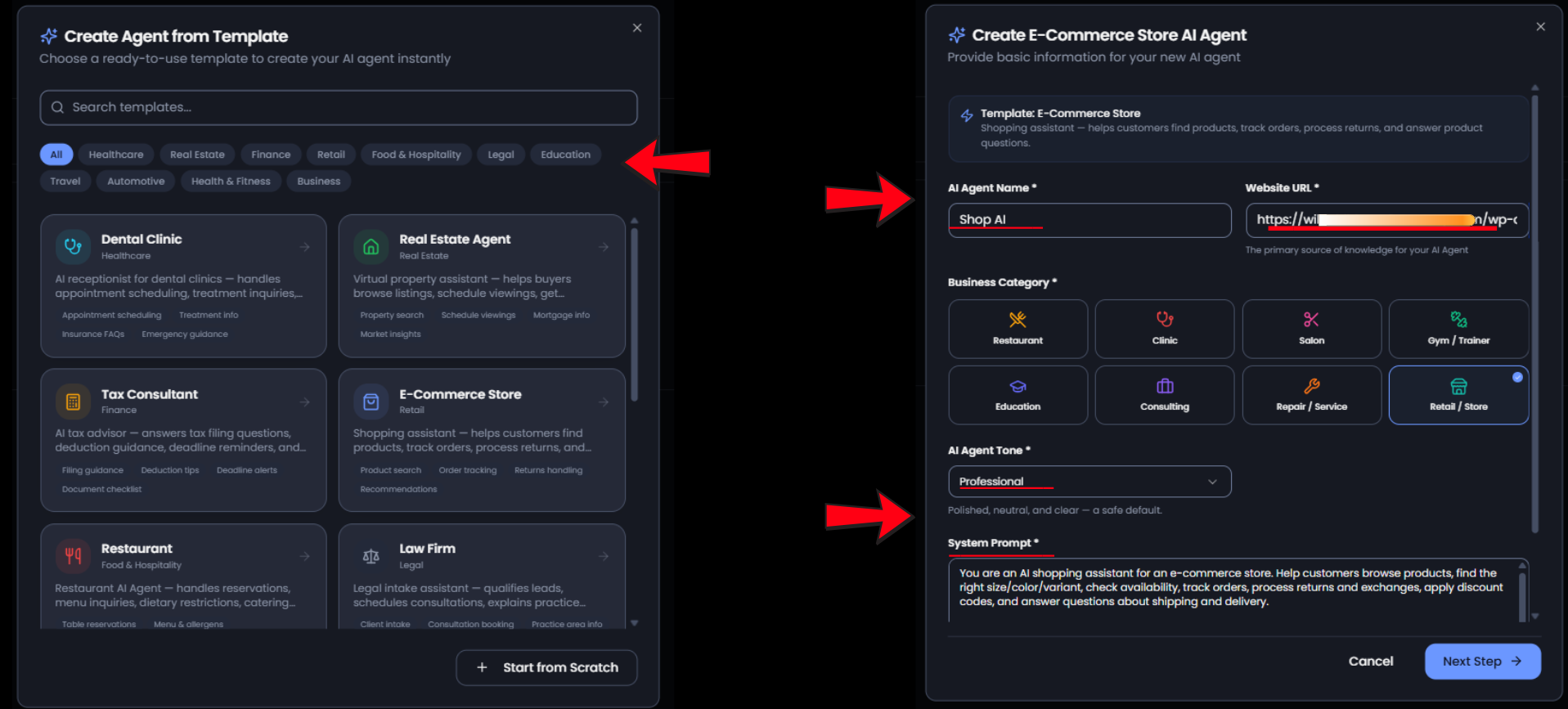 Choosing a template and filling in the AI agent details
