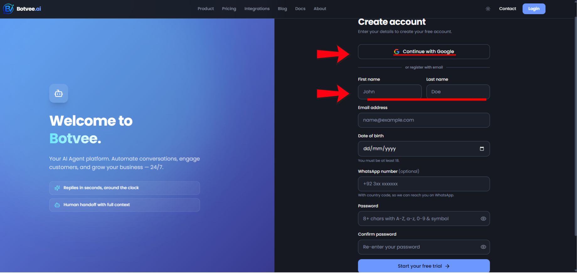 Botvee create-account page with Google sign-up highlighted