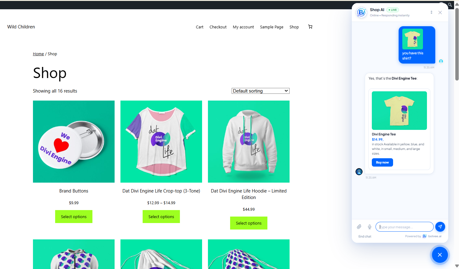 Botvee AI chat widget live on the WordPress store
