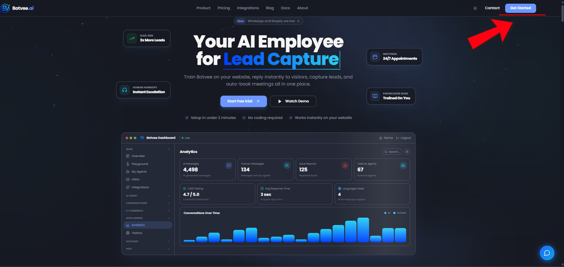 Botvee homepage with the Get Started button highlighted