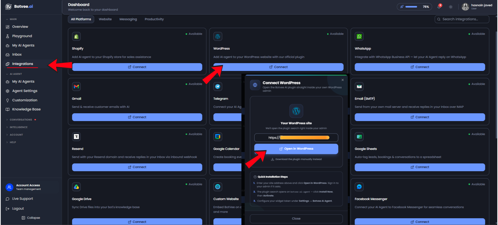 Integrations page with WordPress Connect highlighted