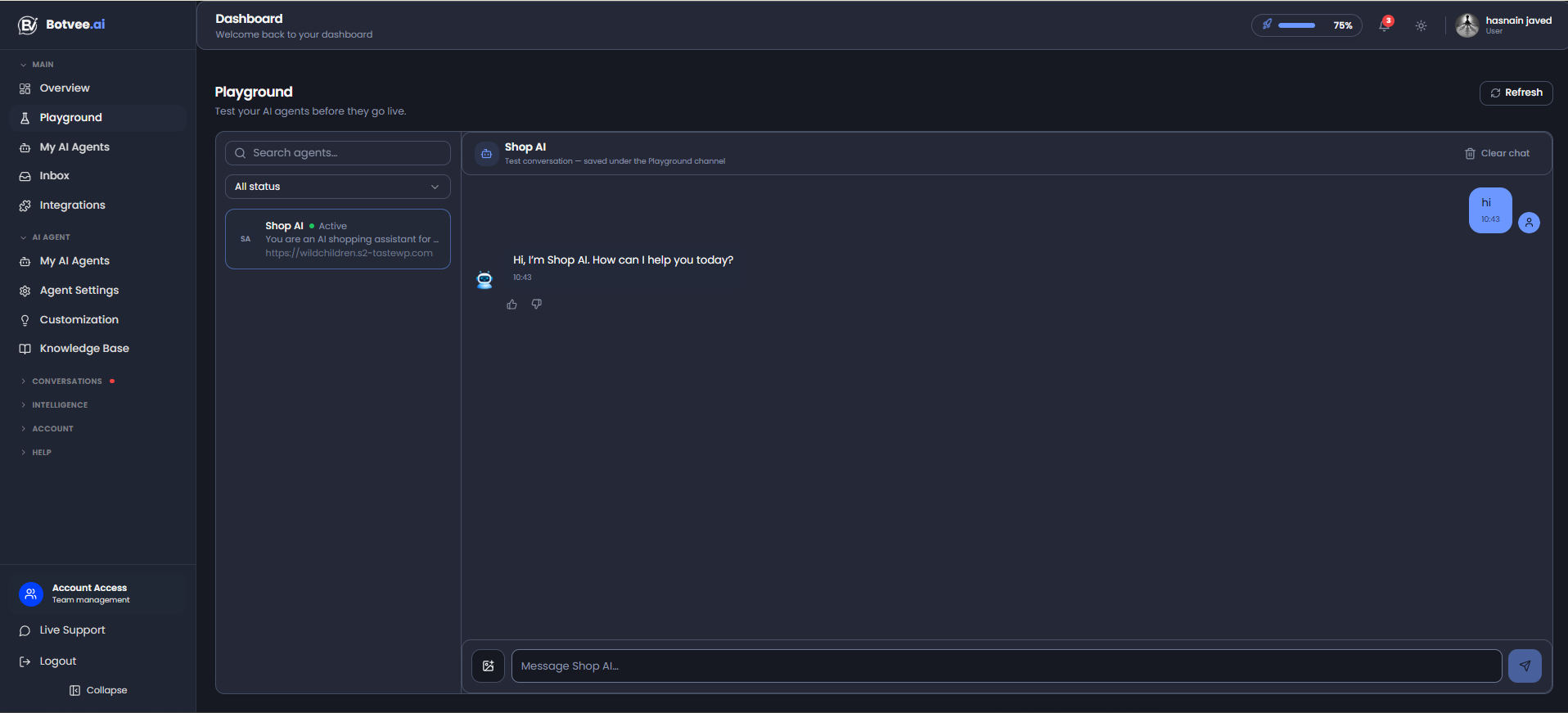 Testing the Shop AI agent in the Botvee Playground