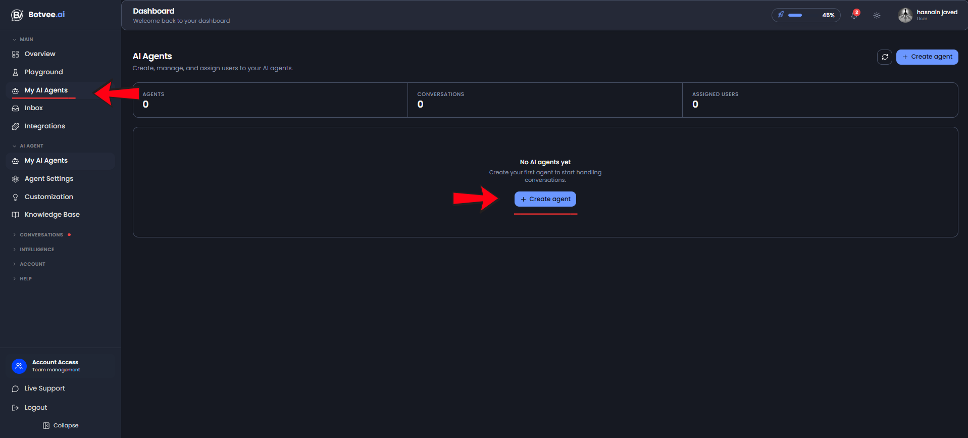 Botvee dashboard with My AI Agents and Create agent highlighted